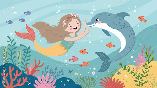 Mermaid and dolphin play together in vibrant underwater scene with coral reef and schools of fish swimming around them in ocean