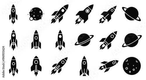 Collection of various rocket and planet silhouettes for space exploration designs.