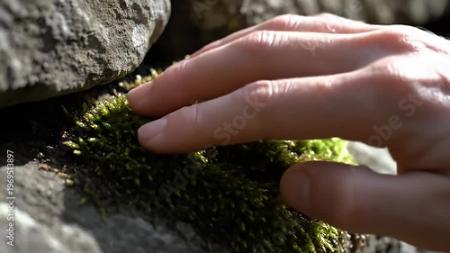 Wallpaper Mural Hand touching vibrant green moss growing on a rock surface Torontodigital.ca
