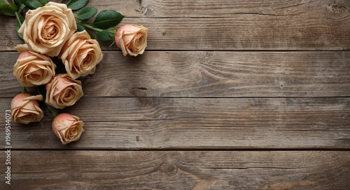 Weathered rustic wood supporting delicate aged miniature roses plus copy space