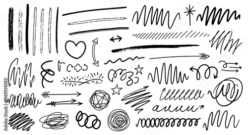 Arrows hand drawn set with black curved lines, scribbles, and grunge effects on white background featuring vector, illustration, collection with