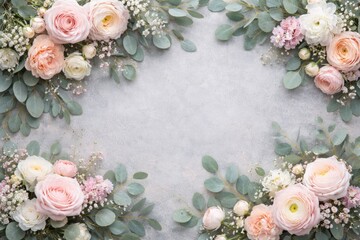 Soft pastel floral border with lush eucalyptus leaves on a gray textured background top down view