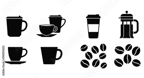 Black coffee cups and beans icons.