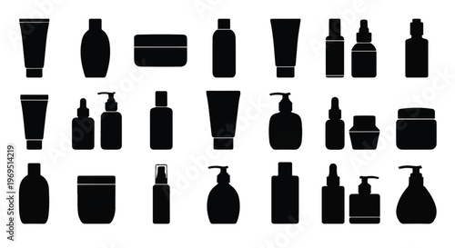 Black silhouettes of cosmetic products.