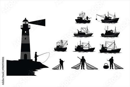 Fisherman silhouette set with lighthouse, fishing boats, trawlers, and workers using nets for nautical, maritime, ocean, sea industry, and coastal vector design projects
