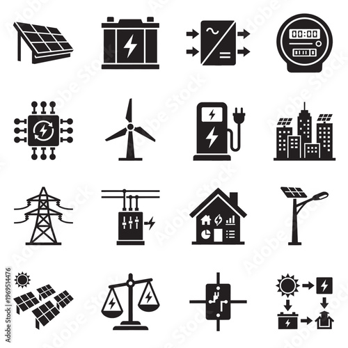 Solar powered microgrid system icons grid