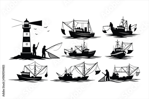 Fisherman silhouette set with lighthouse, fishing boats, trawlers, and workers using nets for nautical, maritime, ocean, sea industry, and coastal vector design projects