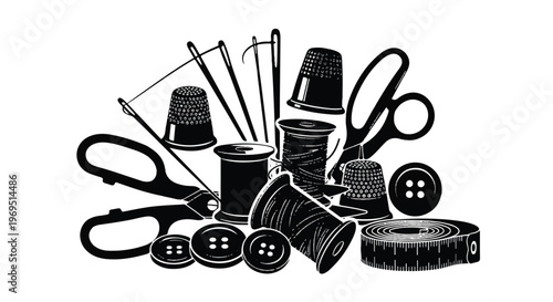 Sewing tools and equipment collection.