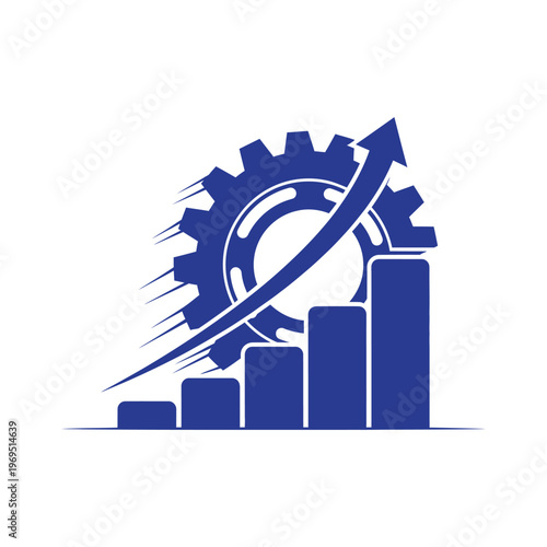 Data analytics visualization with rising bar chart and rotating gear symbol for business performance and market trends.