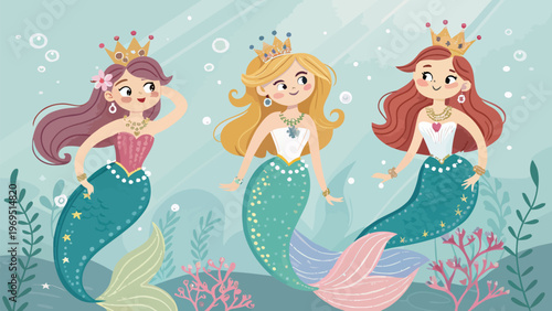 Three cartoon mermaid princesses with crowns and jewelry swim underwater surrounded by ocean plants and bubbles in a fantasy scene