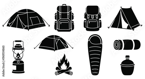 Camping and Hiking Gear Silhouettes - Tents, Backpacks, Sleeping Bags, Campfire, and Lantern.