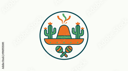 Mexican Fiesta Emblem with Sombrero and Cactus