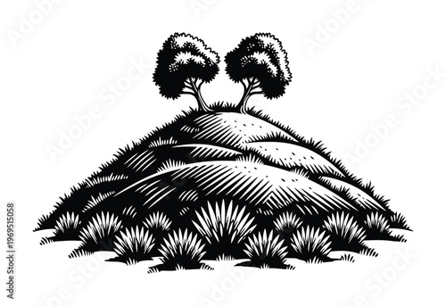 Vector of two trees on a hilly landscape with grassy details