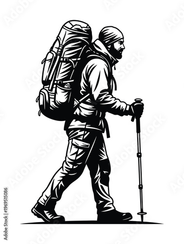 Vector of a hiker wearing a backpack and holding a trekking pole while walking