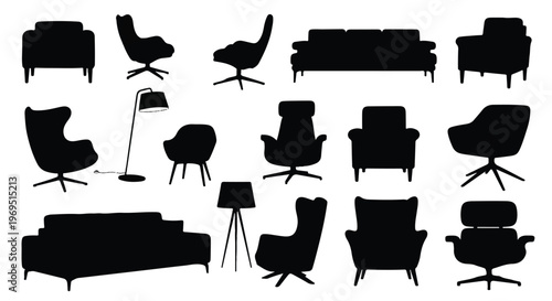 Collection of various modern and classic furniture silhouettes for interior design.