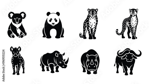 A collection of eight animal silhouettes a koala panda leopard hyena rhino hippo and buffalo displayed on a white background silhouette