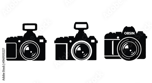 Three vintage camera silhouettes with flash, capturing classic photography style.
