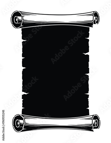 This vector features a vertical scroll with black texture and ornate handles