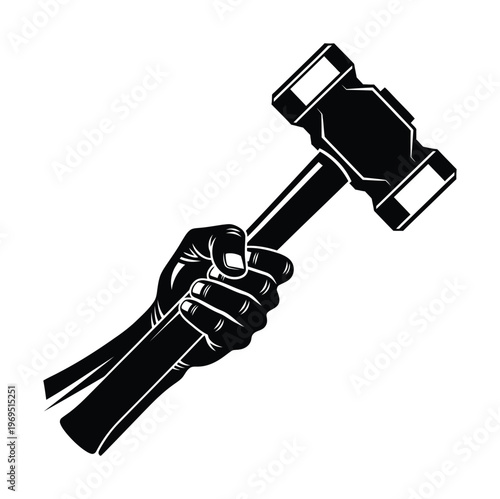 Vector of a hand tightly gripping a large hammer.