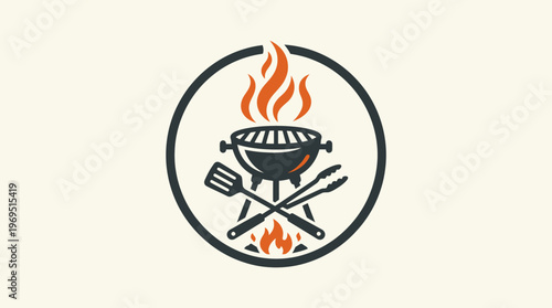 Barbecue Grill Logo with Flames and Utensils