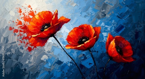 Painting of three red poppies on a blue background with a textured brush stroke effect and a vibrant color scheme