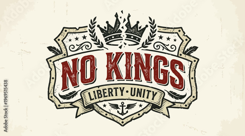 Vintage "No Kings" Emblem with Crowns and Banner