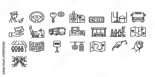 line icon collection of bus public transportation services featuring transit vehicles, driver controls, ticketing, route maps, and passenger commuting elements.