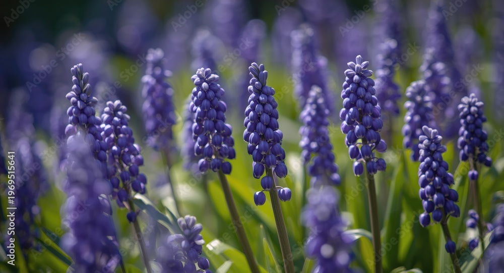 Fototapeta premium Vibrant muscari botryoides in full bloom under gentle summer sunlight with focus