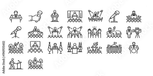 line icon collection of public speaking and conference events featuring orators at podiums, press conferences, microphones, audiences, and media coverage.