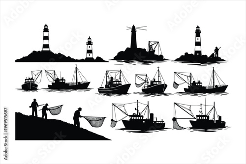 Fisherman silhouette set with lighthouse, fishing boats, trawlers, and workers using nets for nautical, maritime, ocean, sea industry, and coastal vector design projects