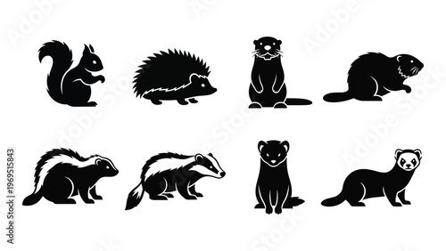 A collection of eight small mammals depicted in a minimalist style showcasing distinct animal forms silhouette high quality professional detailed modern
