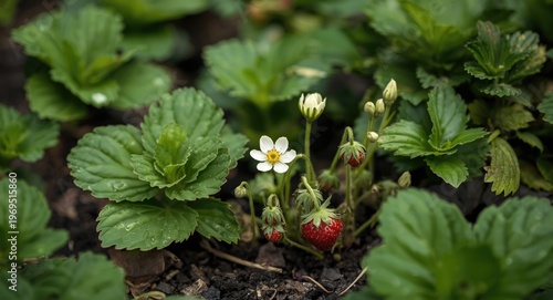 Strawberry flowers emerging...