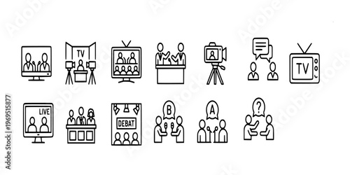 line icon collection of television talk shows and political debates featuring news anchors, studio cameras, live broadcasts, and guest interviews.