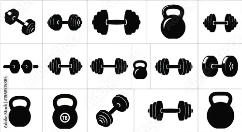 Collection of dumbbells and kettlebells.