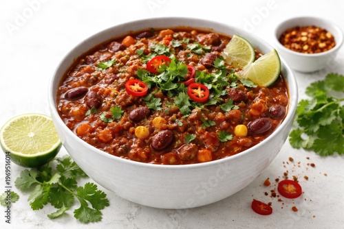 A bowl of spicy chili con c...