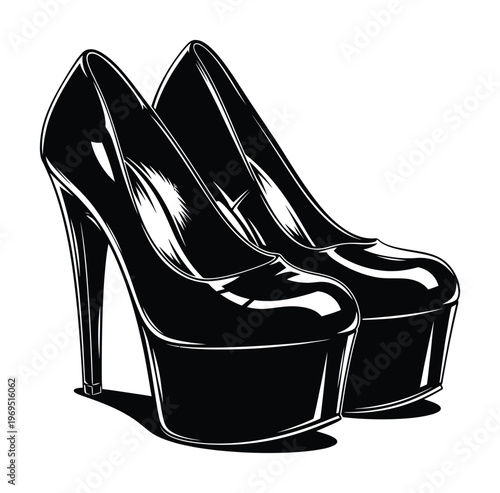 Vector of a pair of high-heeled platform shoes with a glossy finish and stiletto heels