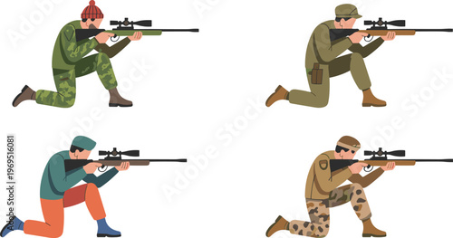 Military sniper character set featuring soldier in kneeling shooting pose with camouflage uniform and rifle scope vector.