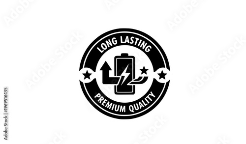 A black and white vector graphic logo featuring a battery with a lightning bolt and star symbols, surrounded by a circle with text