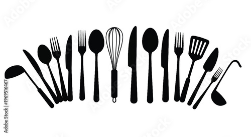 Black silhouettes of kitchen utensils set.