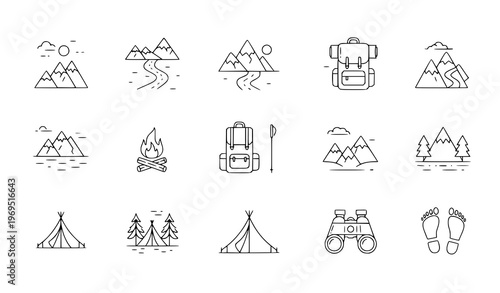 A set of minimalist camping icons in a flat line art style
