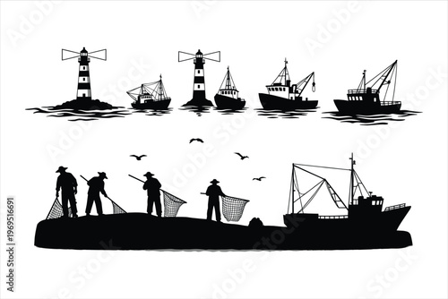 Fisherman silhouette set with lighthouse, fishing boats, trawlers, and workers using nets for nautical, maritime, ocean, sea industry, and coastal vector design projects