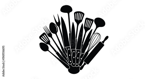 Collection of kitchen cooking utensils tools.