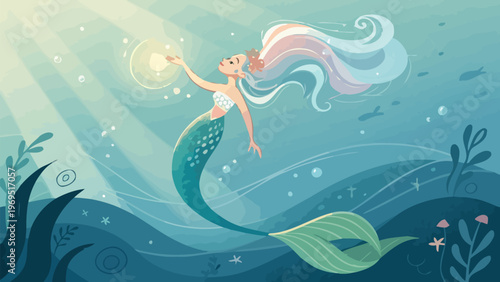 Mermaid with glowing magical aura swimming underwater surrounded by ocean plants and seaweed