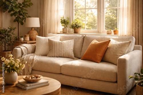 Beige sofa accented with de...
