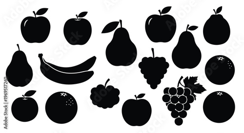 Silhouettes of various fruits including apples, pears, bananas, grapes, and oranges.