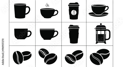 Collection of various coffee cups, mugs, and coffee beans in silhouette.