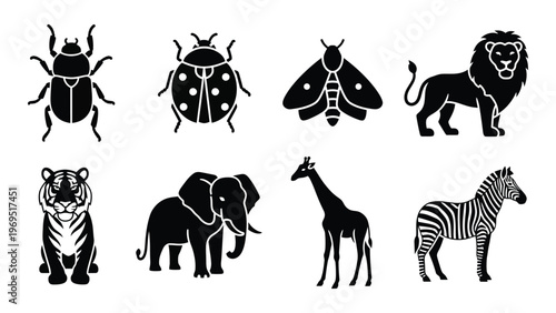 A collection of diverse animal silhouettes including insects mammals and a striking lion silhouette high quality professional detailed modern elegant stylish