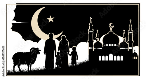Eid al-Adha Muslim Celebration with Family and Sheep Silhouette
