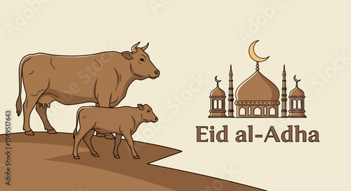 Illustration celebrating Eid al-Adha with a cow and calf next to a mosque and text
