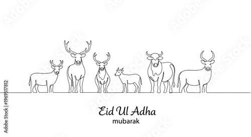 Elegant continuous line art illustration featuring diverse horned animals, symbolizing sacrifice and celebration for Eid Ul Adha greetings and festive occasions